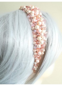 Абитуриентска дизайнерска диадема с кристали и перли Сваровски в розово Pink Crystals and Pearls by Rosie